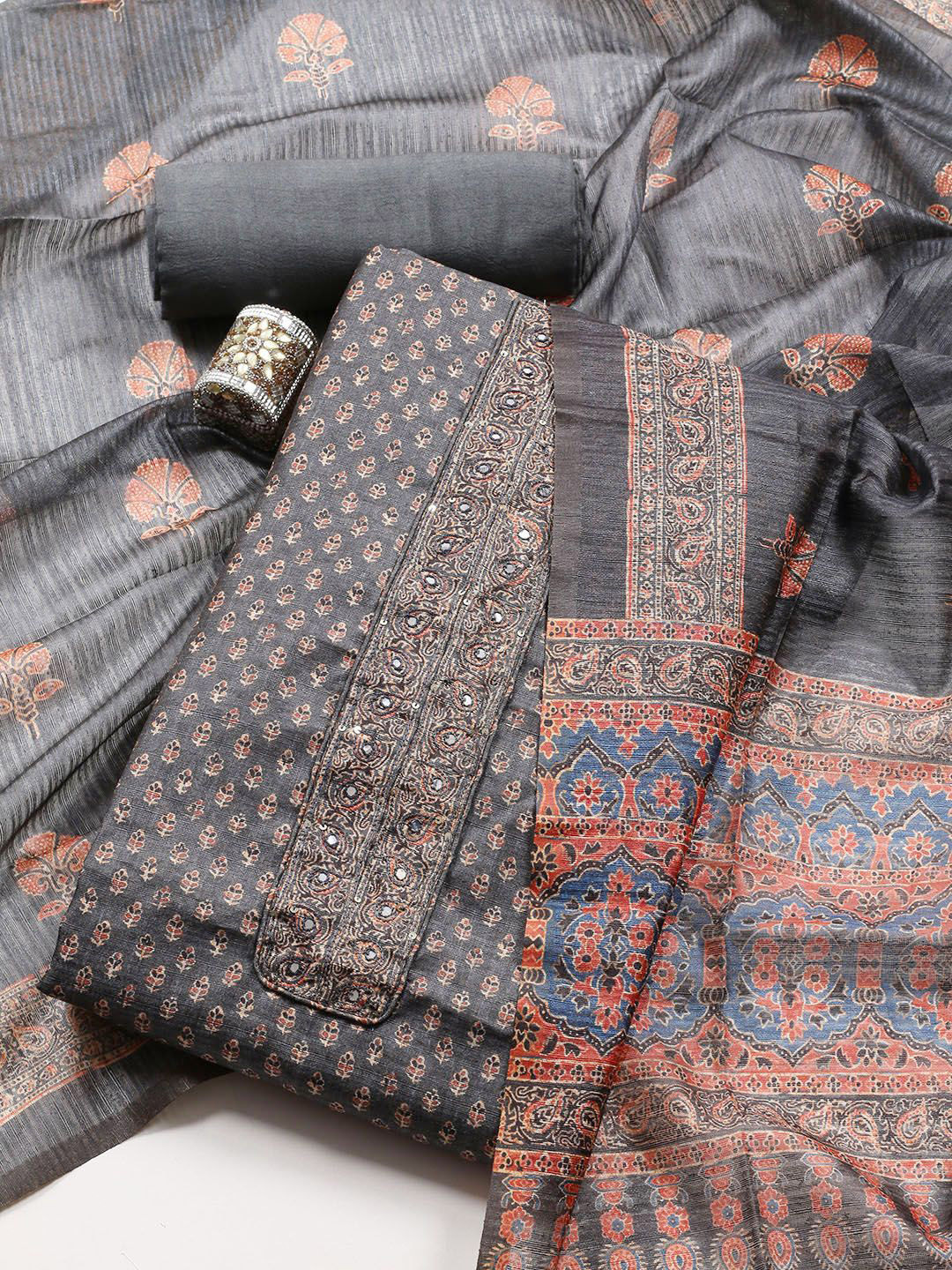 

Meena Bazaar Printed Art Silk Unstitched Dress Material, Grey