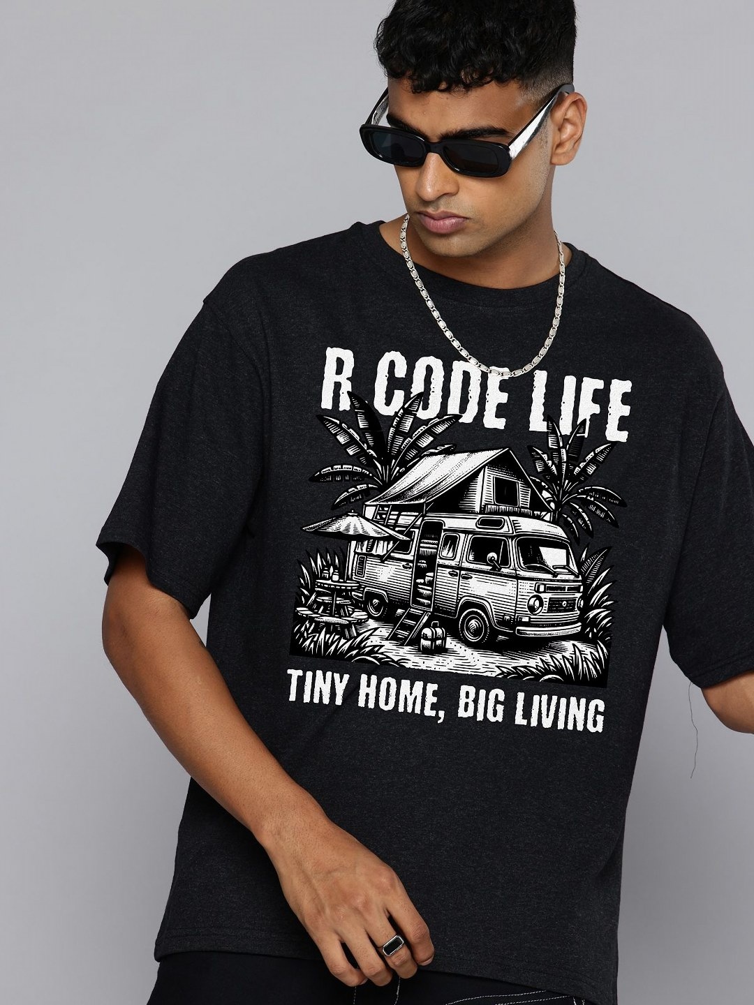 

R.Code by The Roadster Life Co. Men Biker Printed Monochrome Raw Edge T-shirt, Charcoal