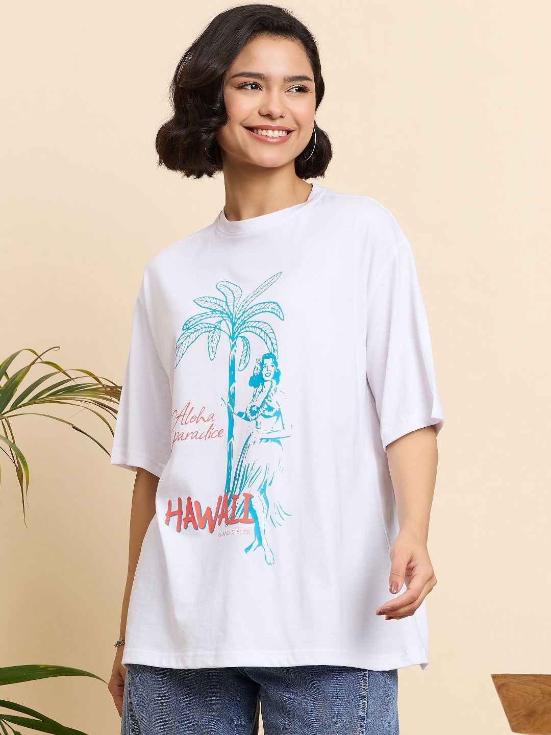 

Mast & Harbour Women Printed Drop-Shoulder Sleeves T-shirt, White