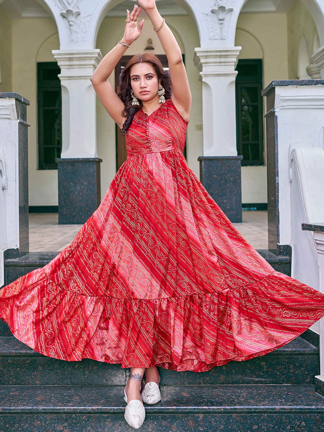

CHANSI Bandhani Printed V Neck Ethnic Dresses, Red
