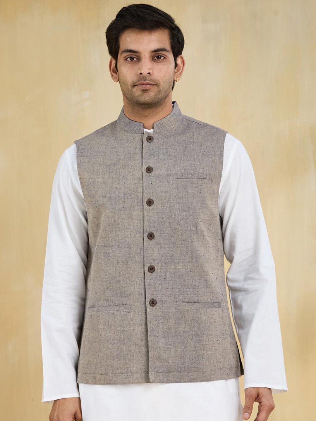 

Fabindia Cotton Hand Woven Nehru Jacket, Blue