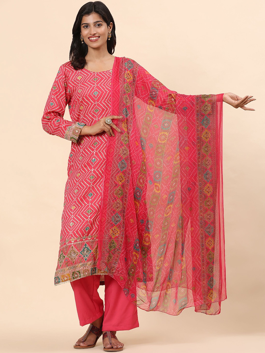 

Mamicha Women Bandhani Printed Regular Sequinned Pure Cotton Kurta with Trousers & With Dupatta, Pink