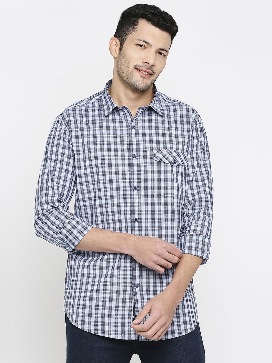 

SNX Men Tailored Fit Opaque Checked Casual Shirt, Blue