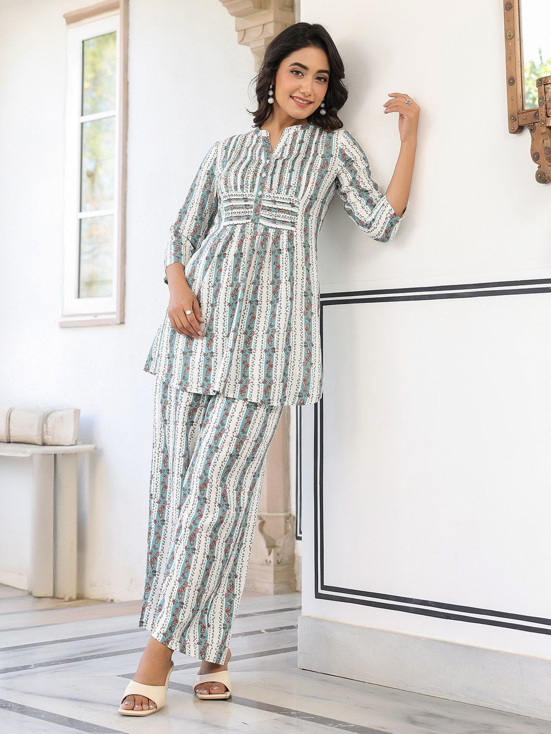 

Janasya Pure Cotton Floral Printed A-line Co-ord Set, White