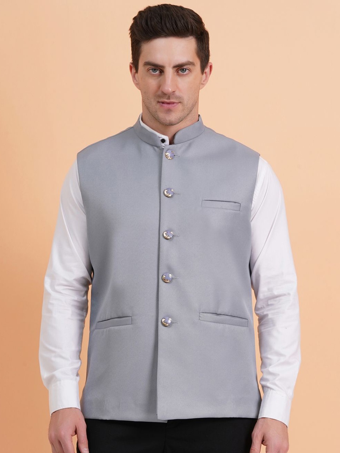 

SG LEMAN Mandarin Collar Sleeveless Nehru Jacket, Grey