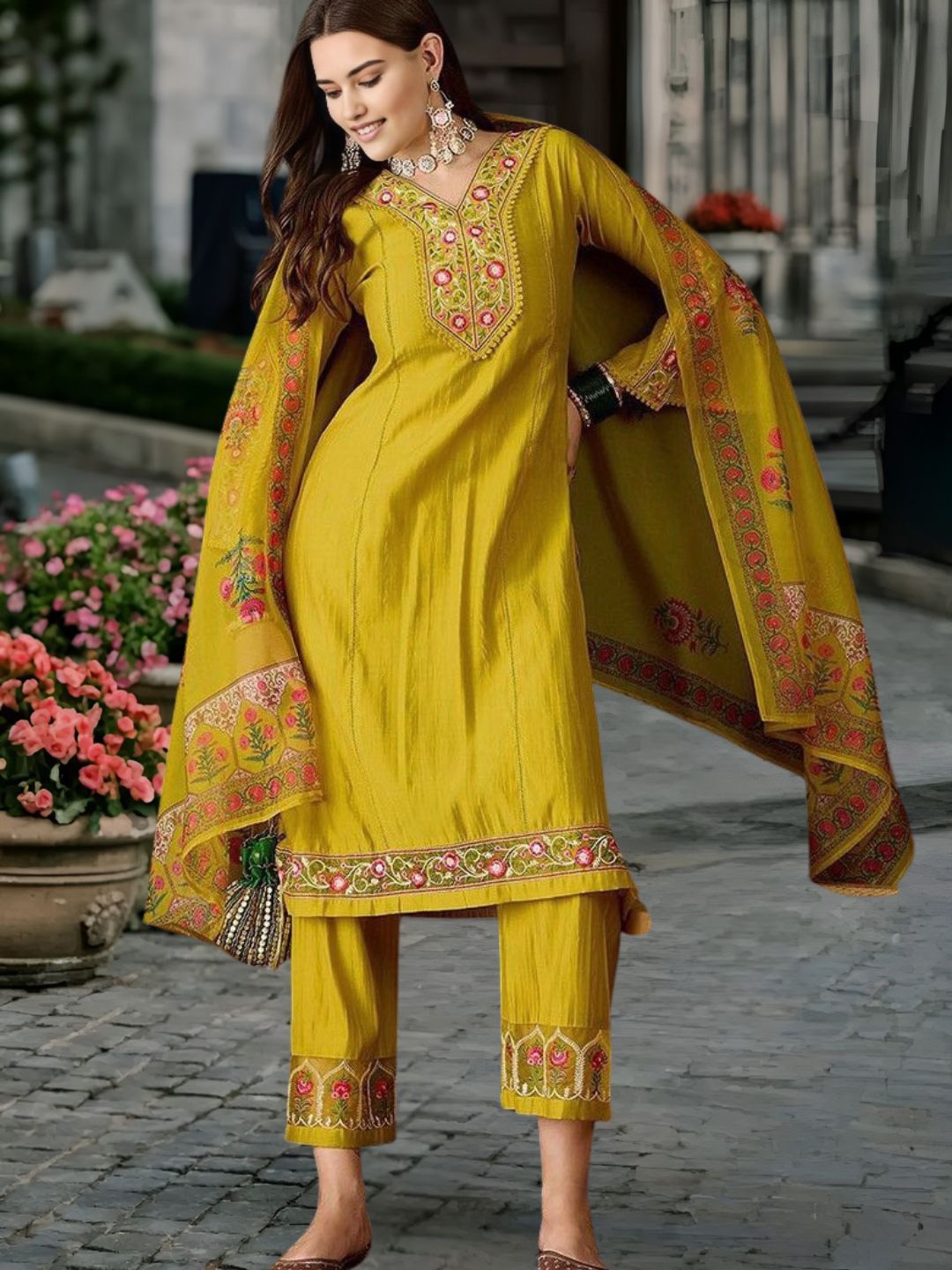 

Moda Rapido Women Floral Embroidered Regular Sequinned Kurta with Trousers & With Dupatta, Mustard