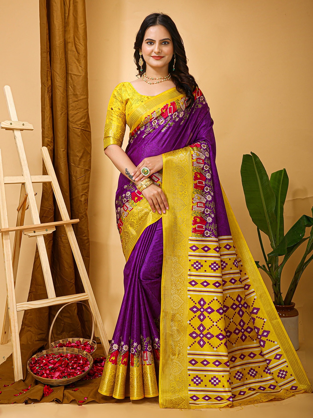 

HERE&NOW Kalamkari Zari Silk Cotton Kanjeevaram Saree, Purple
