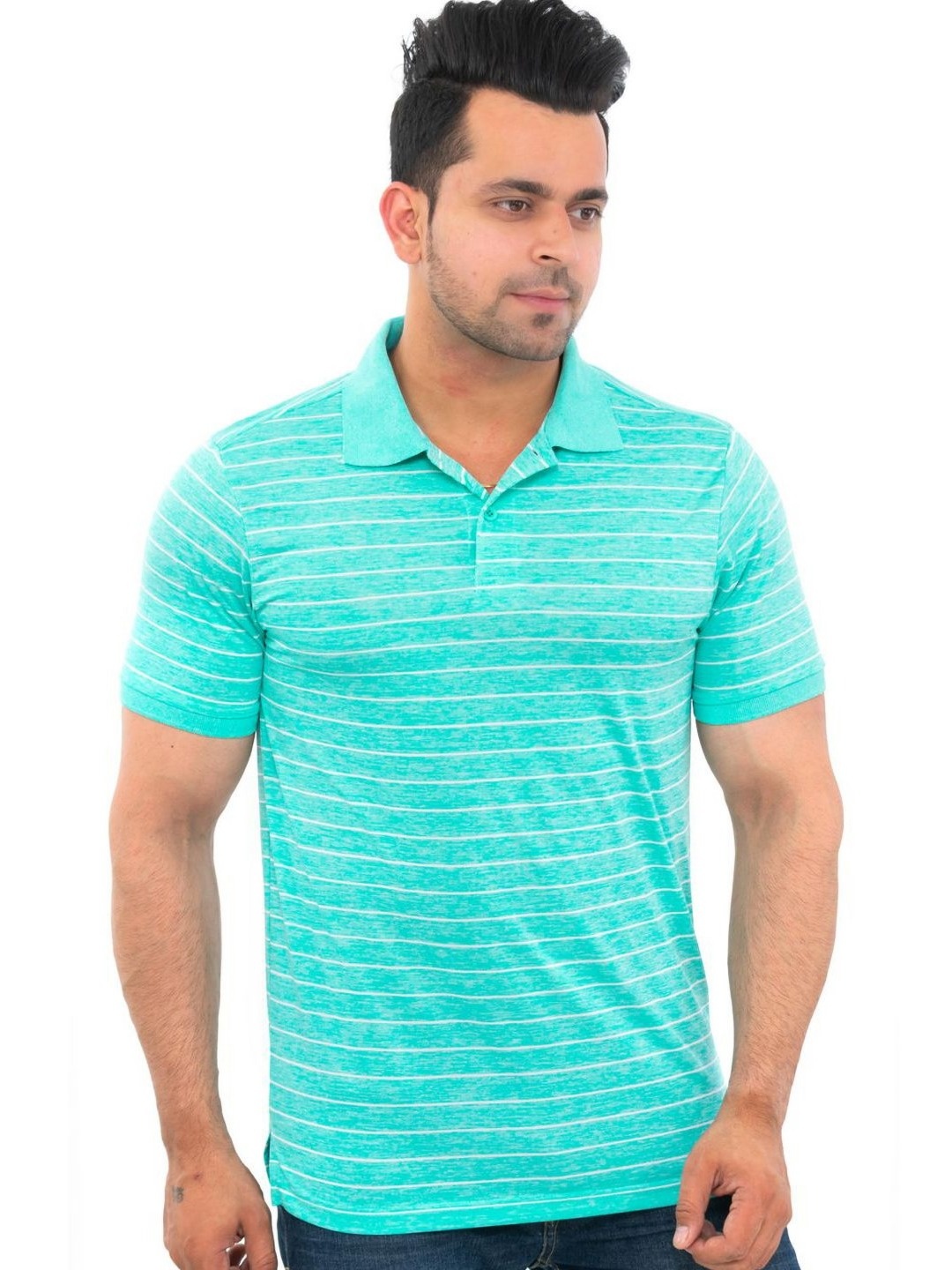 

Bishop Cotton Men Striped Polo Collar Pockets T-shirt, Sea green