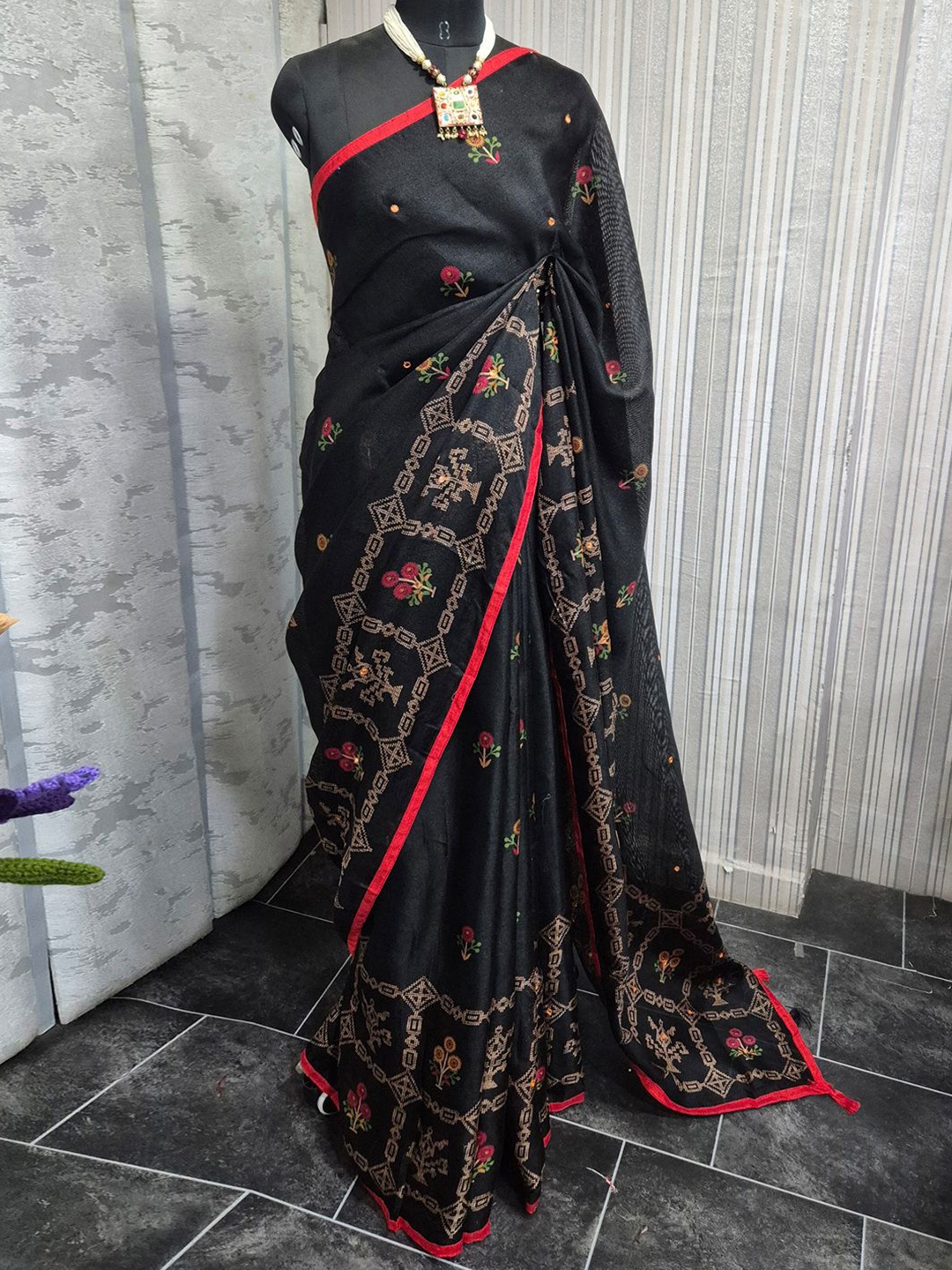 

Anouk Rustic Ethnic Motifs Mirror Work Jute Silk Saree, Black