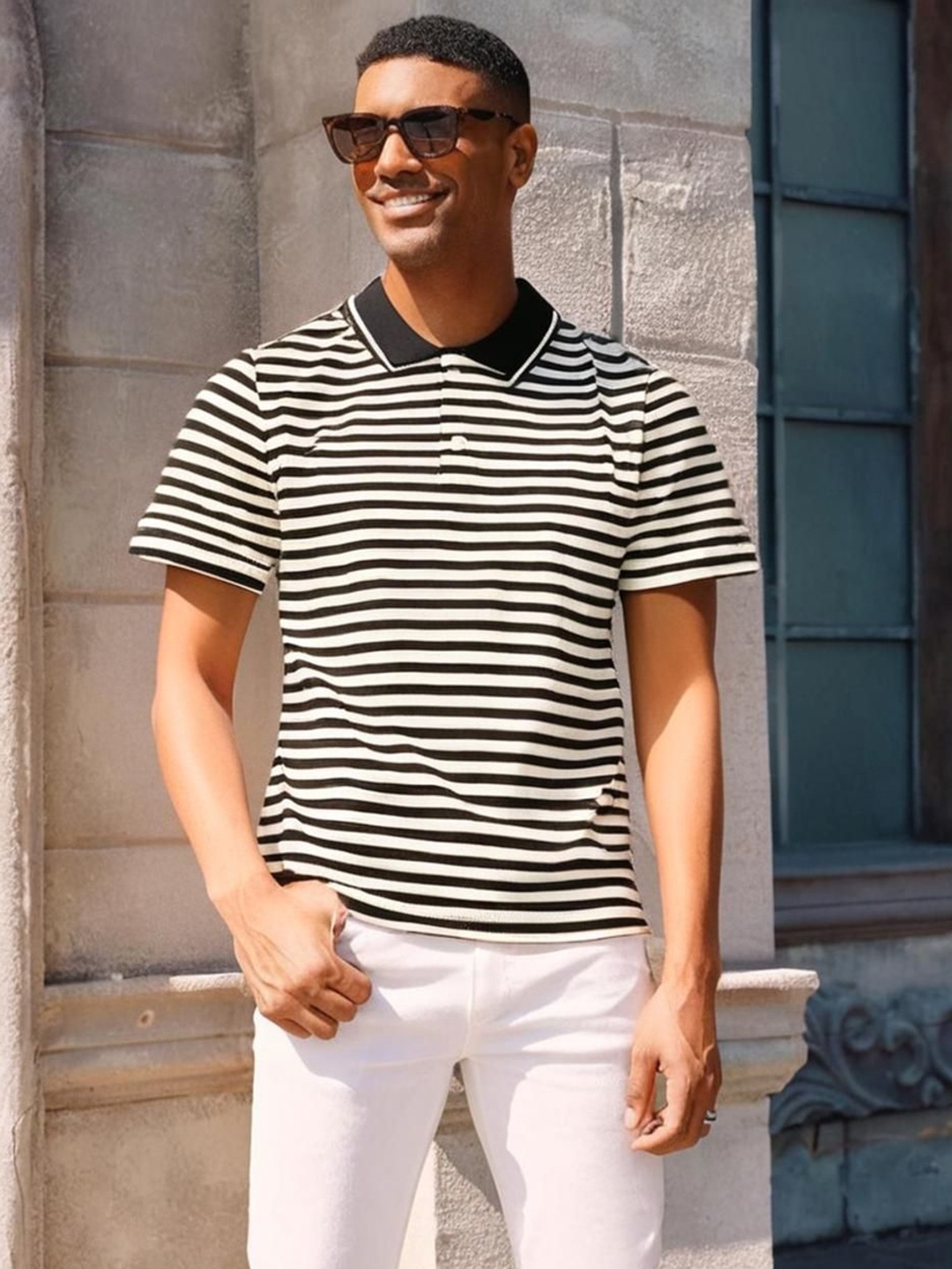 

MACK JONNEY Men Striped Polo Collar Pockets T-shirt, Black