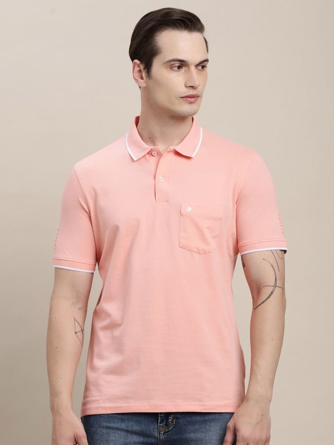 

Turtle Men Polo Collar Pockets Slim Fit T-shirt, Peach