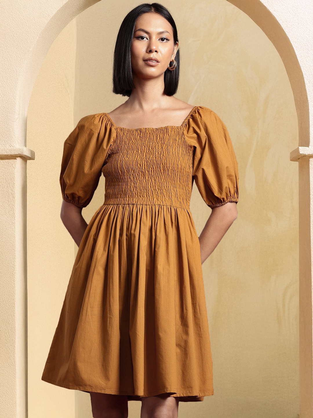 

all about you Puff Sleeves Smocked Pure Cotton Fit & Flare Dress, Mustard