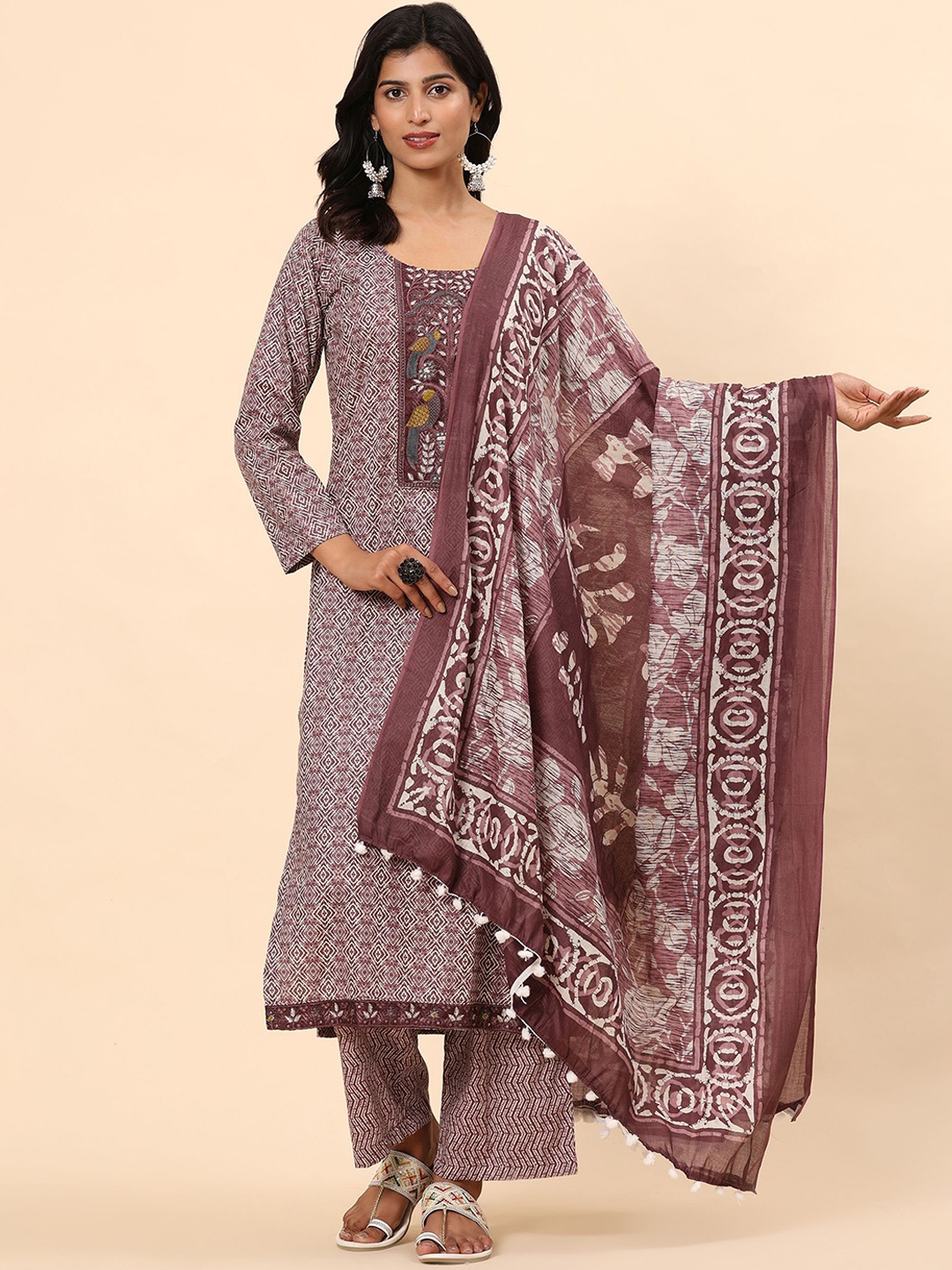 

Mamicha Women Printed Regular Thread Work Pure Cotton Kurta with Palazzos & With Dupatta, Mauve