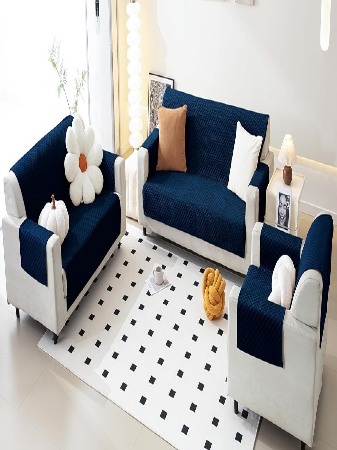 

Fashion Throw Navy Blue Checked Velvet 3 Piece Sofa Cover With Arms