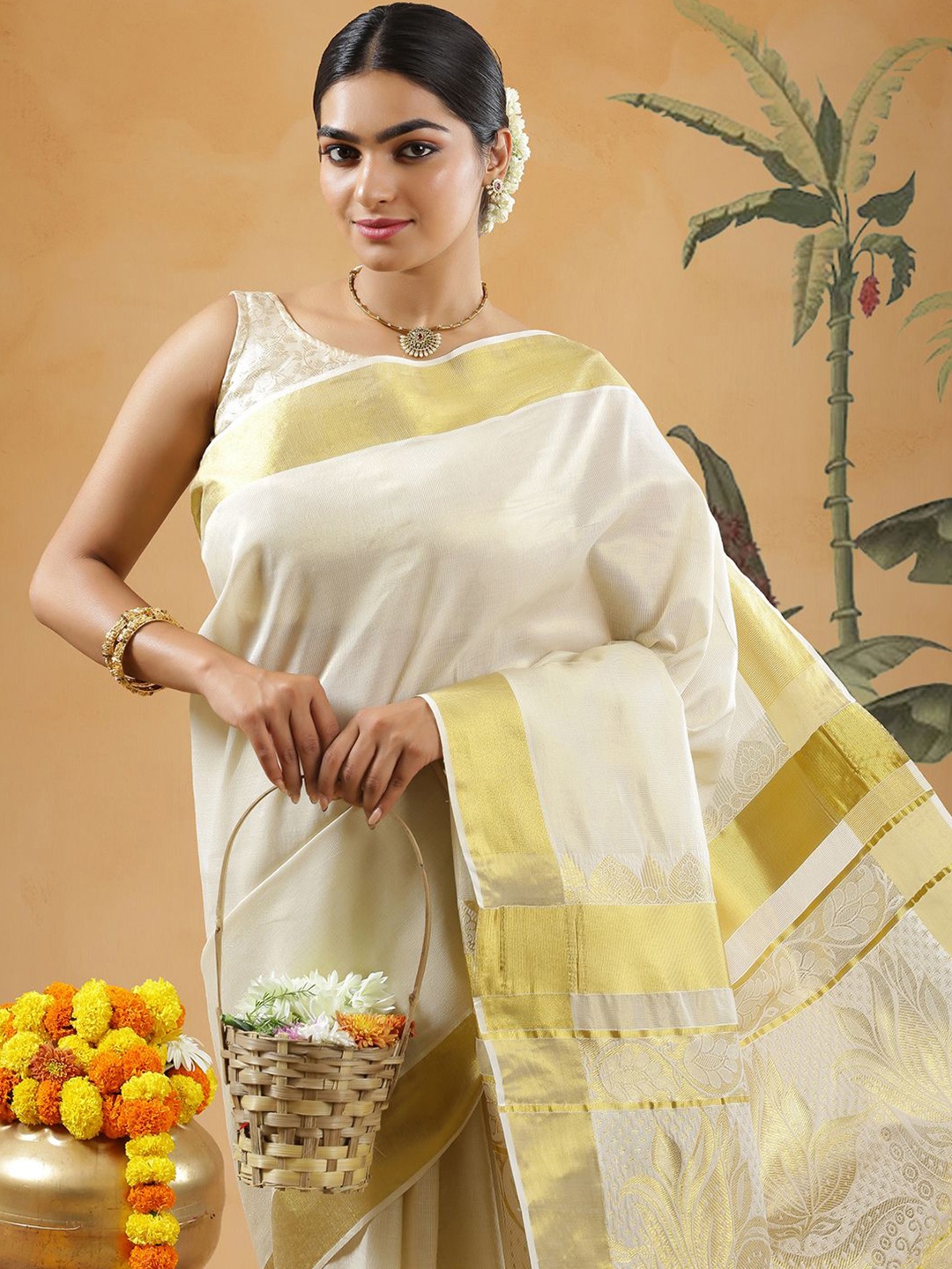 

Kalyan Silks Striped Zari Pure Cotton Kasavu Saree, Off white