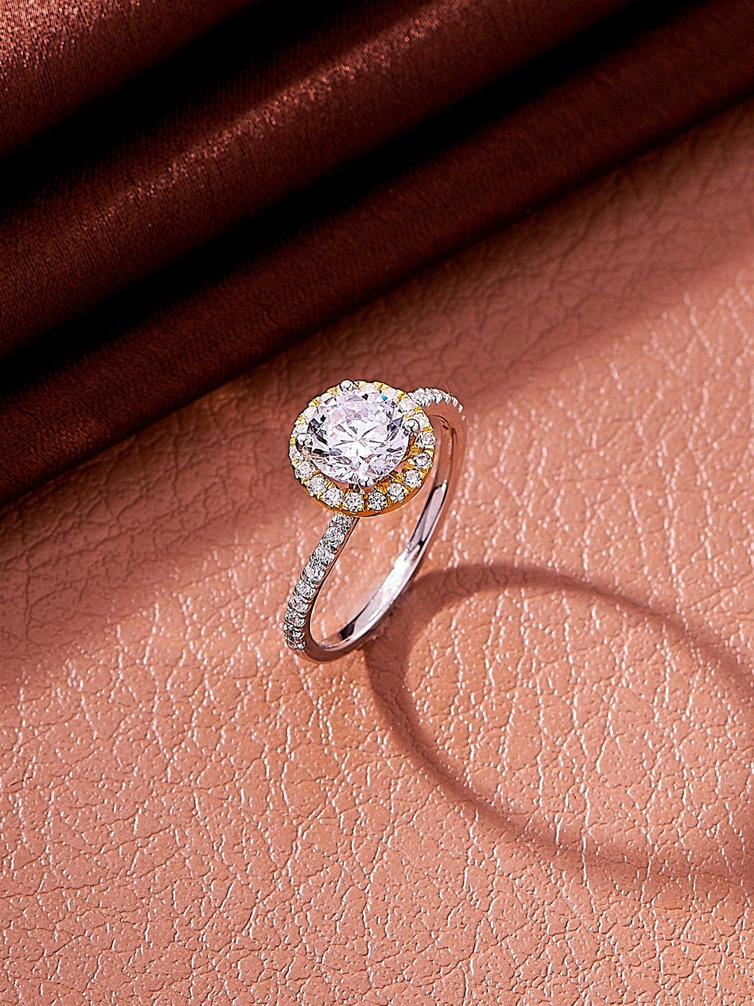 

Nipura 925 Sterling Silver Gold-Plated CZ Studded Halo Basket Solitaire Finger Ring
