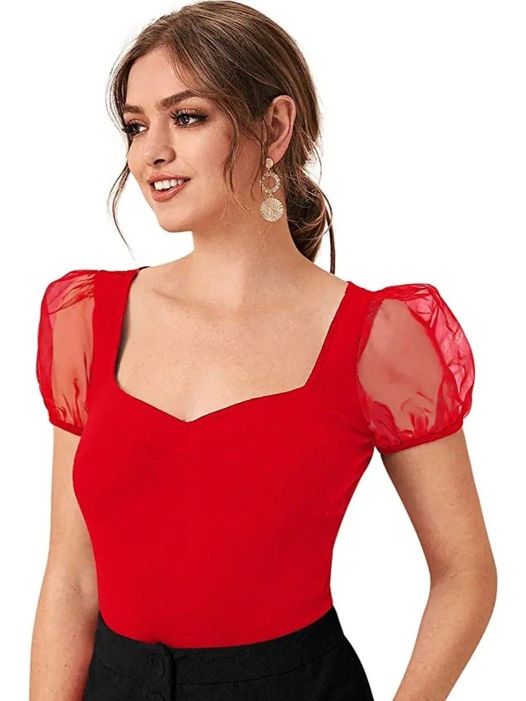 

NiloBerry Sweetheart Neck Puff Sleeve Crop Top, Red
