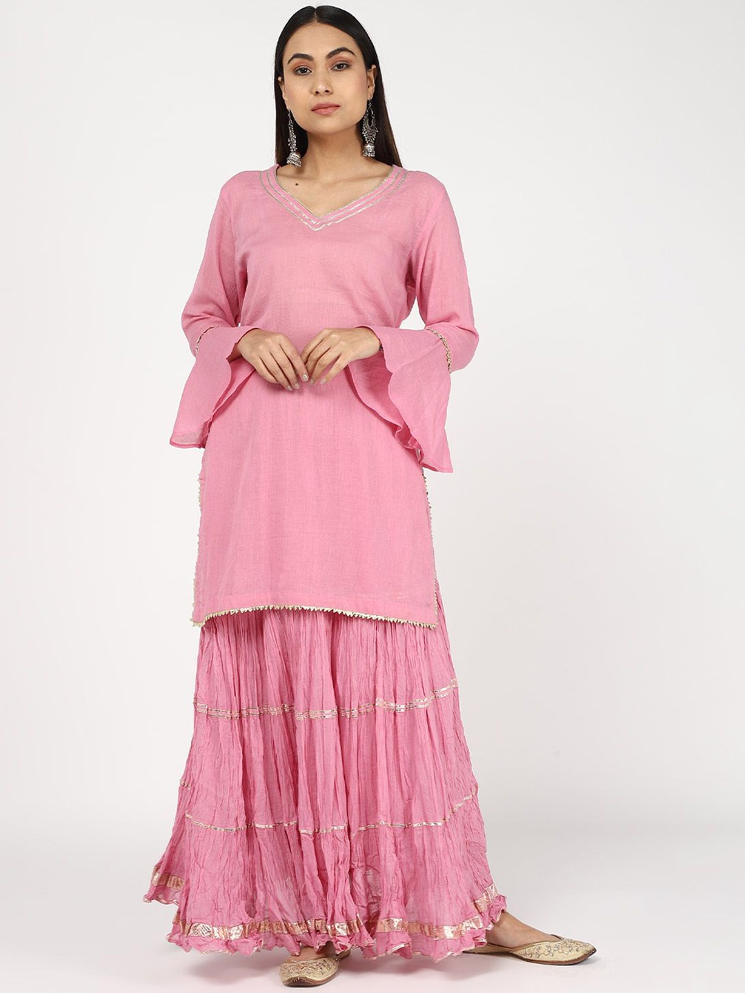

KHUSHBOO AND PANKAJ Women Regular Gotta Patti Pure Cotton Kurta with Sharara, Pink