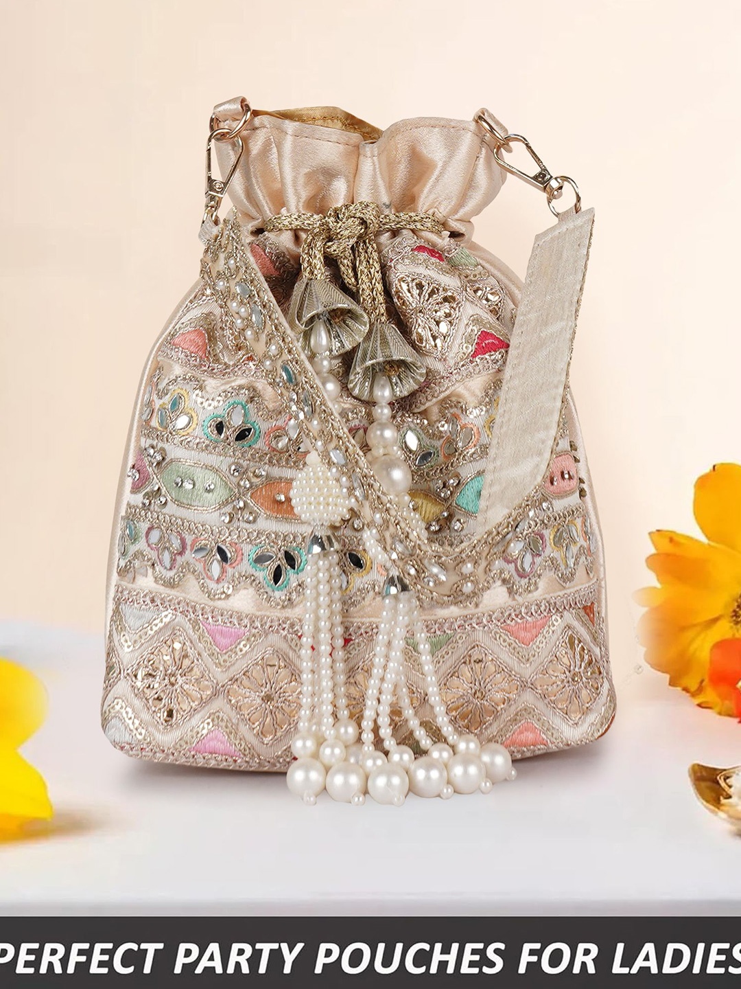 

PLANX Embroidered Embellished Potli Clutch, Cream
