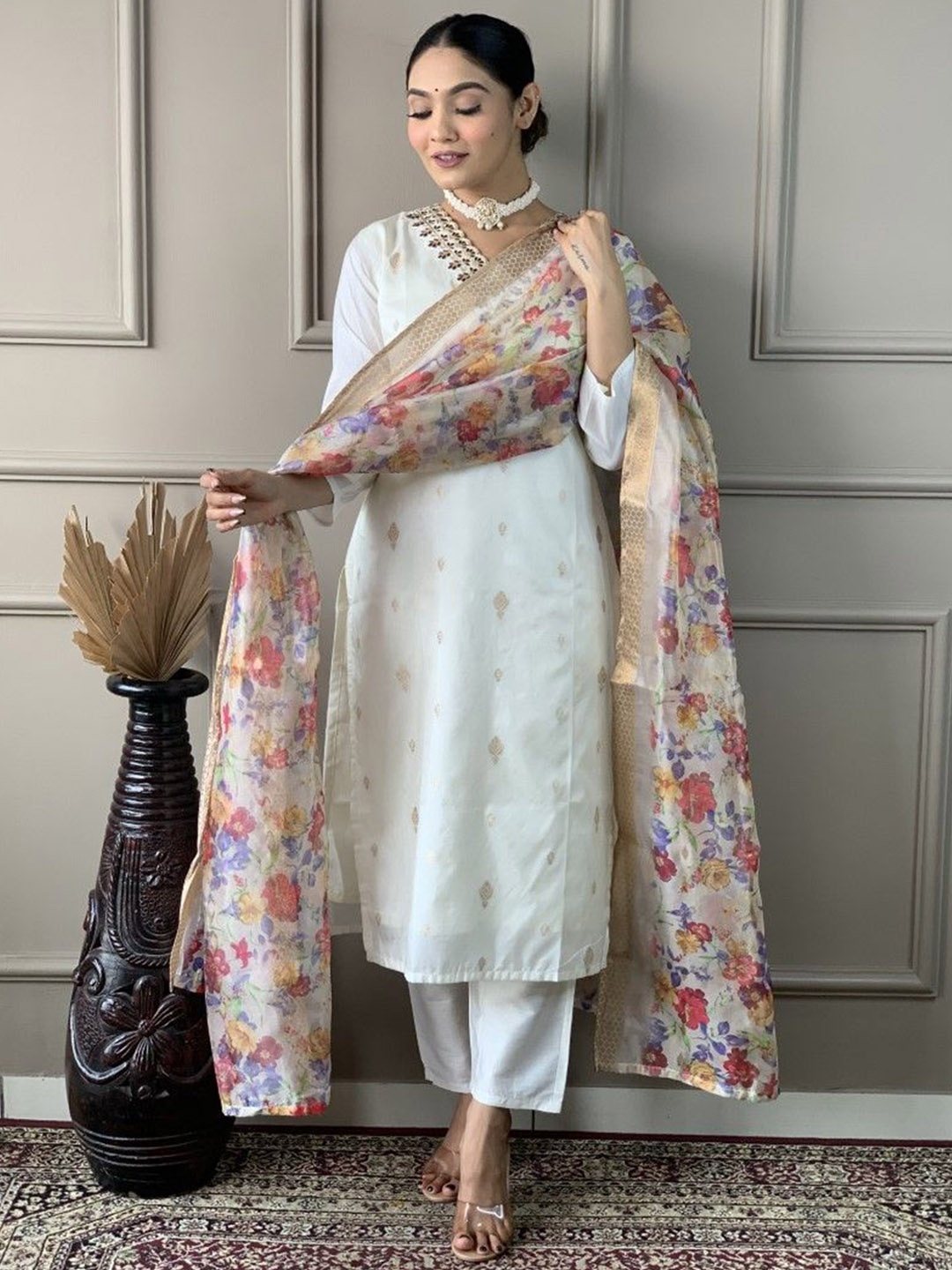 

KALINI Women Embroidered Regular Kurta with Trousers & With Dupatta, White
