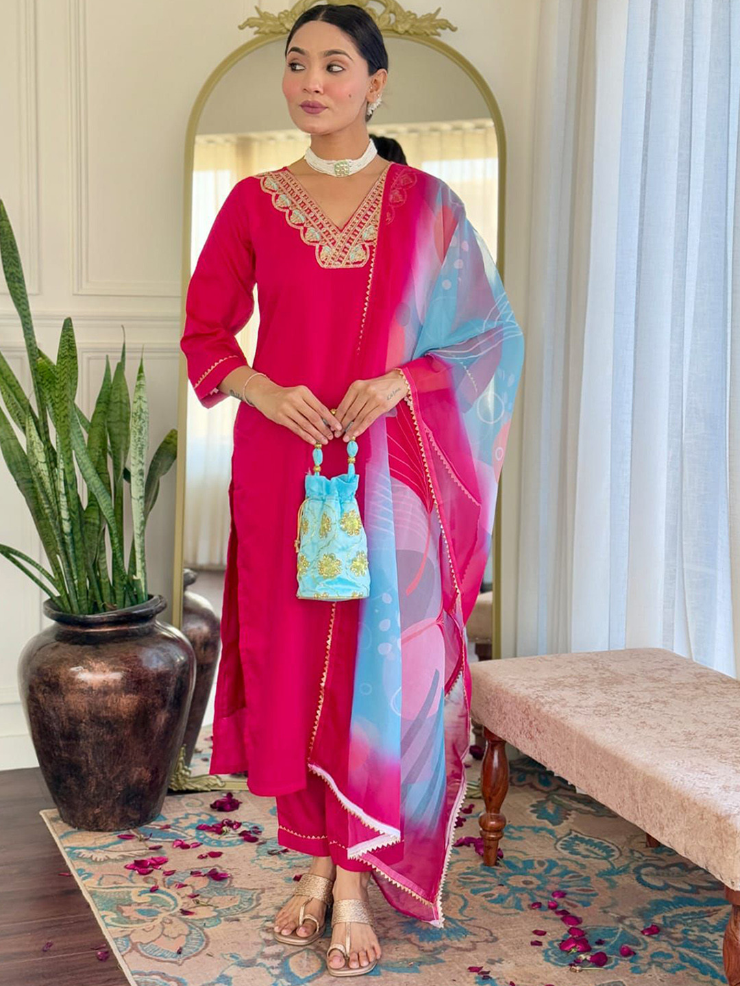 

KALINI Women Floral Yoke Design Regular Gotta Patti Kurta with Trousers & With Dupatta, Pink