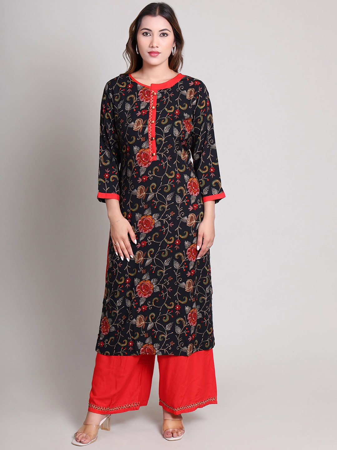 

DELIS Women Floral Printed Regular Beads and Stones Kurta with Palazzos, Black