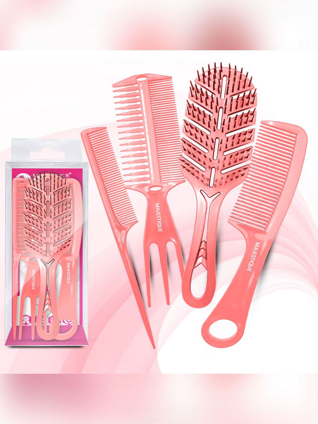 

MAJESTIQUE Set Of 4 Hair Brush and Comb For Detangling Hair - Pink