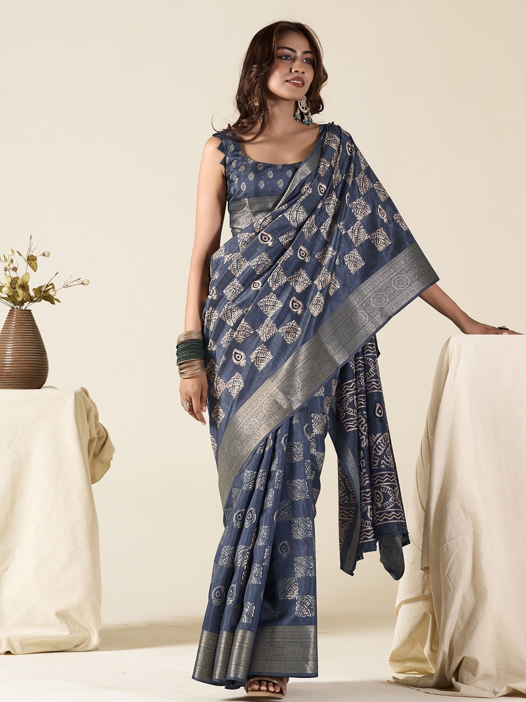 

MAHALASA Ethnic Motifs Zari Saree, Blue