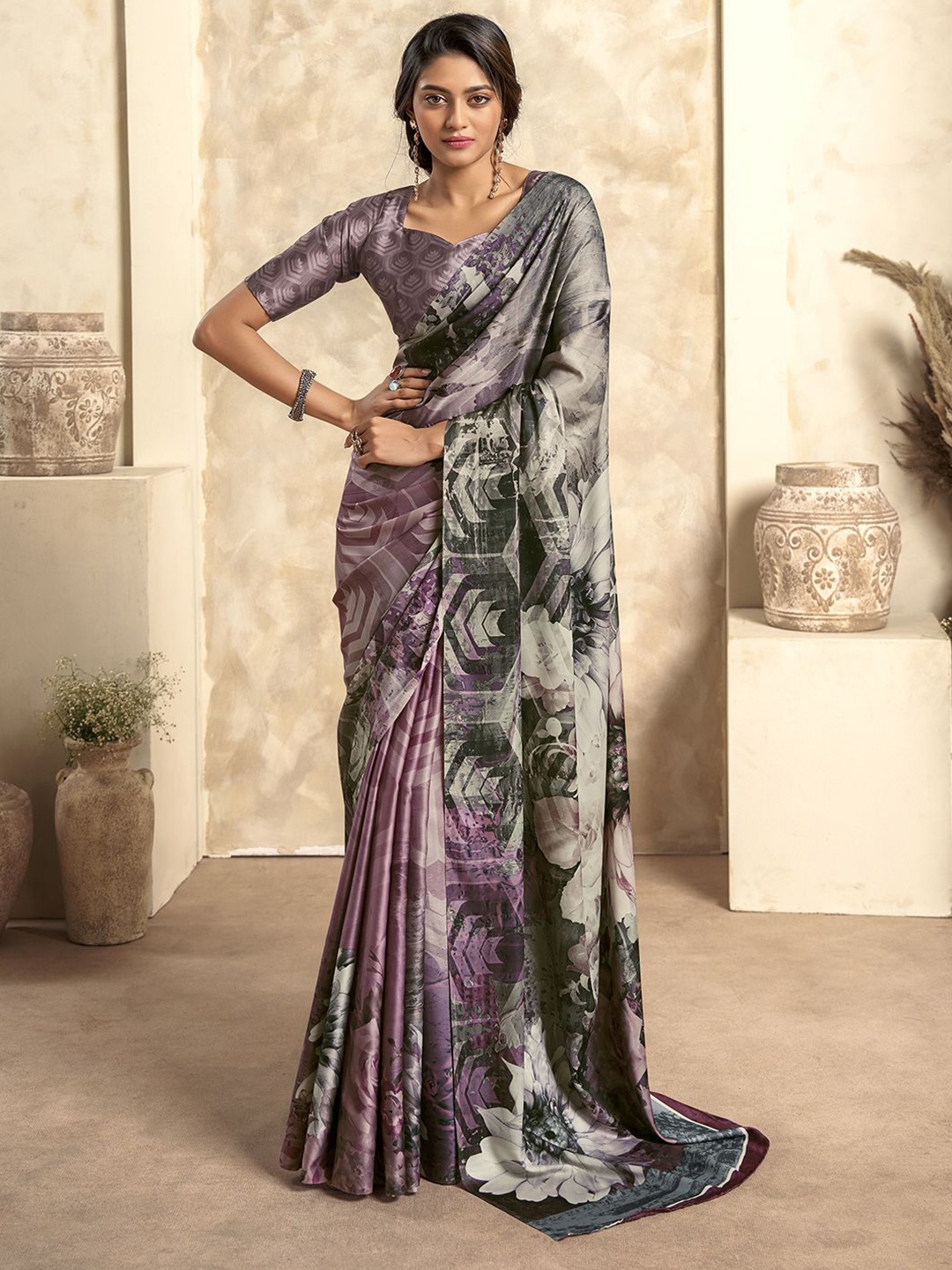 

LeeliPeeri Designer Floral Satin Saree, Purple