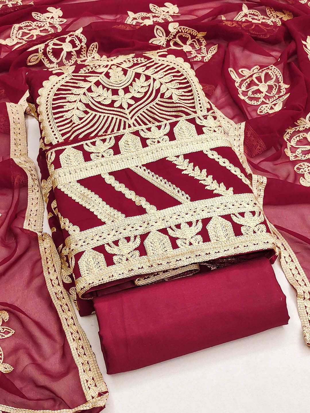 

SHADOW & SAINING Embroidered Silk Georgette Unstitched Dress Material, Maroon