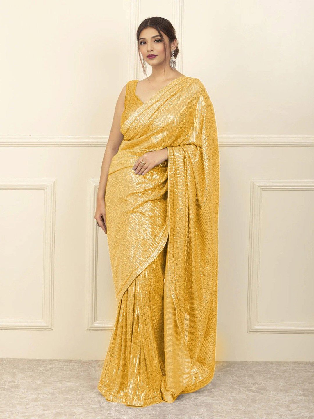 

ANJANI TEXTILE Embellished Sequinned Poly Georgette Heavy Work Saree, Gold