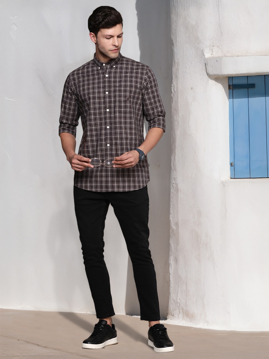 

Nautica Pure Cotton Classic Opaque Checked Casual Shirt, Brown