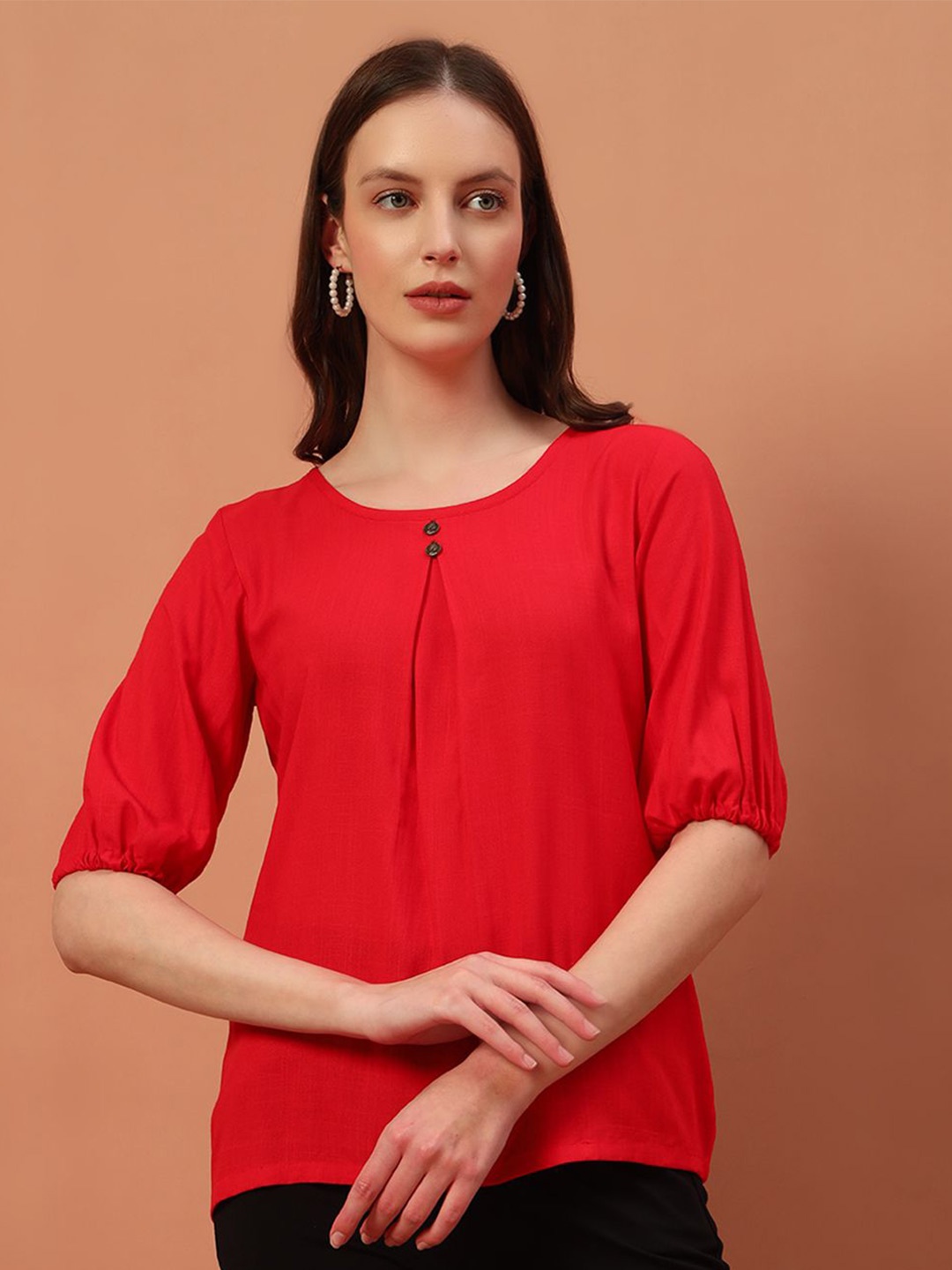 

Rudraaksha Creations Puff Sleeve Cotton Top, Red