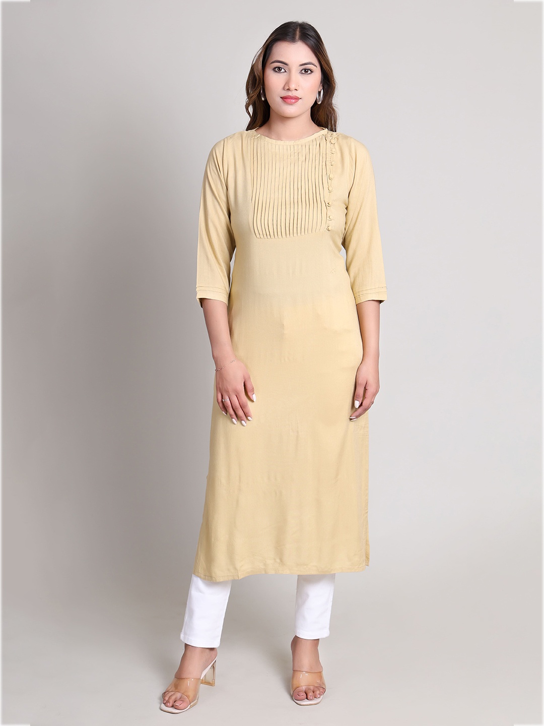 

DELIS Pleated Round Neck Straight Kurta, Beige