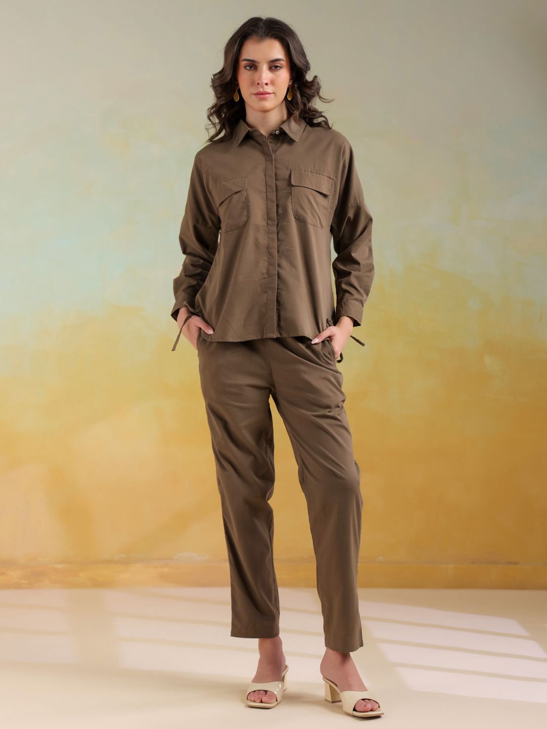 

SANSKRUTIHOMES Women Camel Brown Color Shirt Collar Solid Co-Ords Set