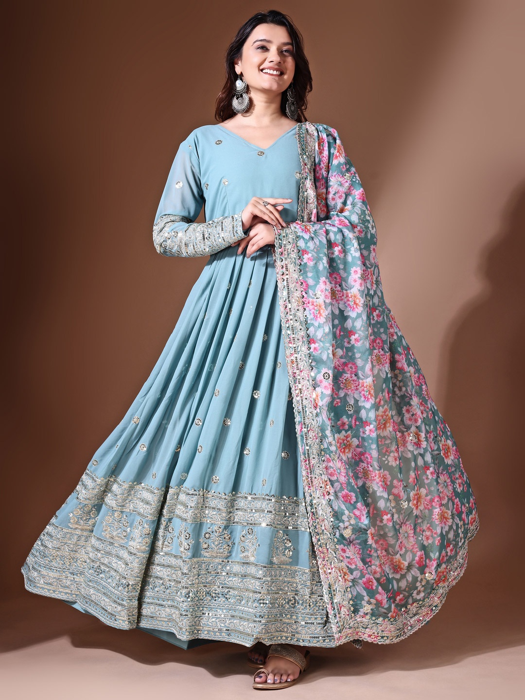 

Anara Women Floral Embroidered Thread Work Georgette Anarkali Kurta, Blue