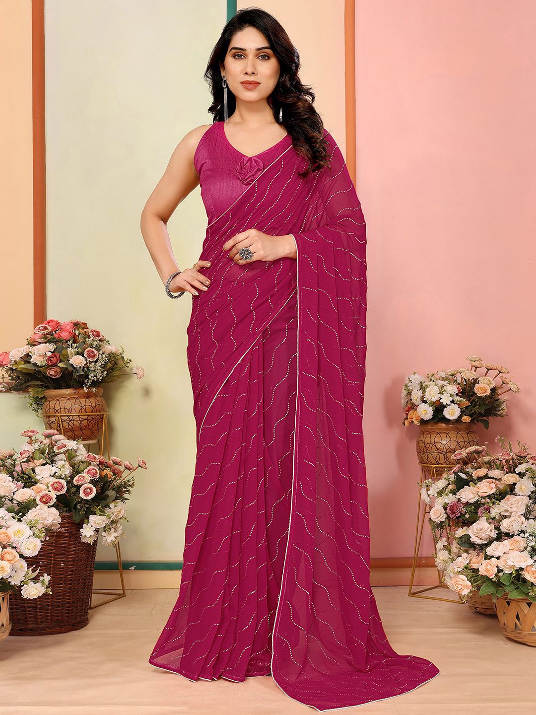 

Mitera Embellished Beads and Stones Pure Georgette Saree, Pink