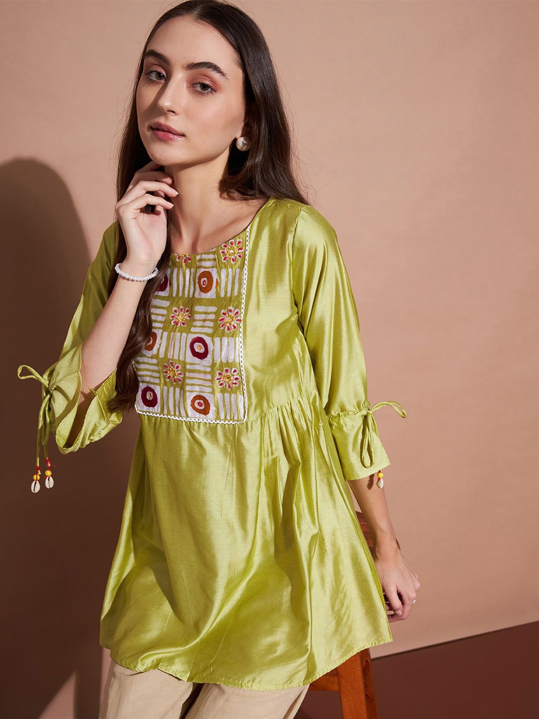 

all about you Puff Sleeve Studded Longline Top, Green