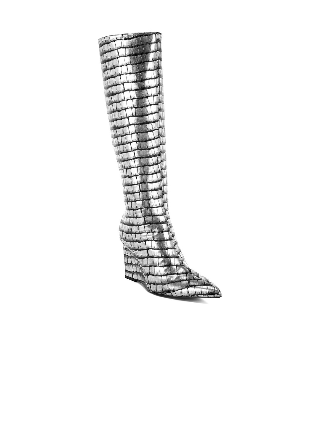 

London Rag Women Woven Design Casual Croco Metallic Long Boots, Black