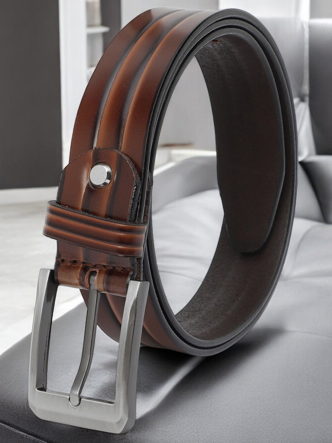 

Metronaut Men Textured Leather Formal Belt, Brown