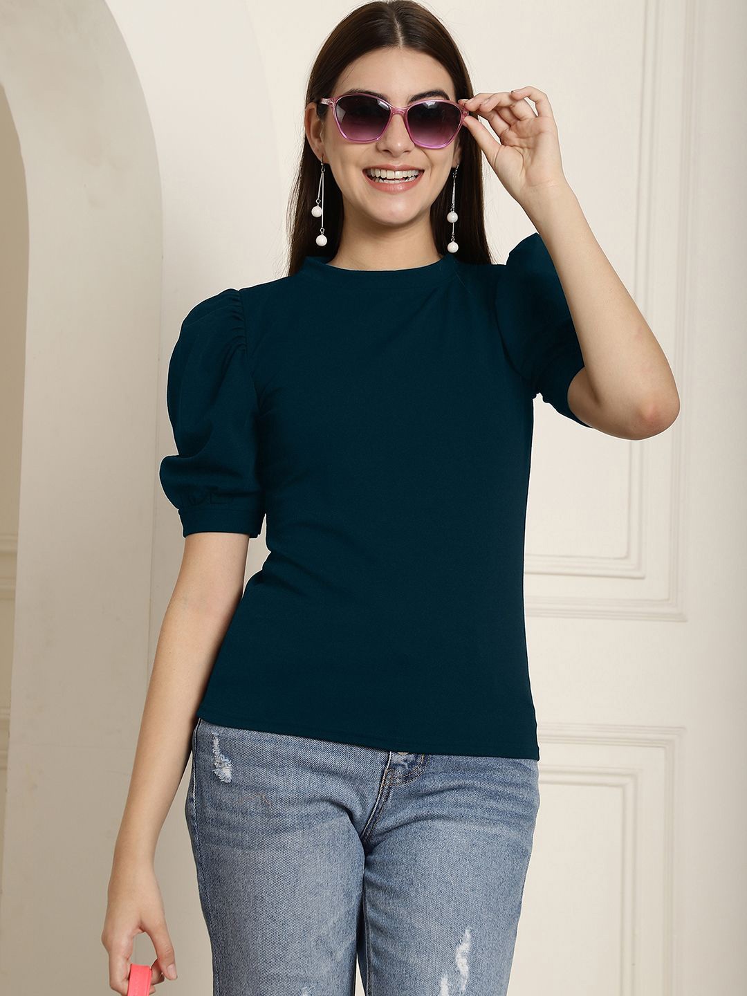 

Metronaut Puff Sleeve Top, Navy blue