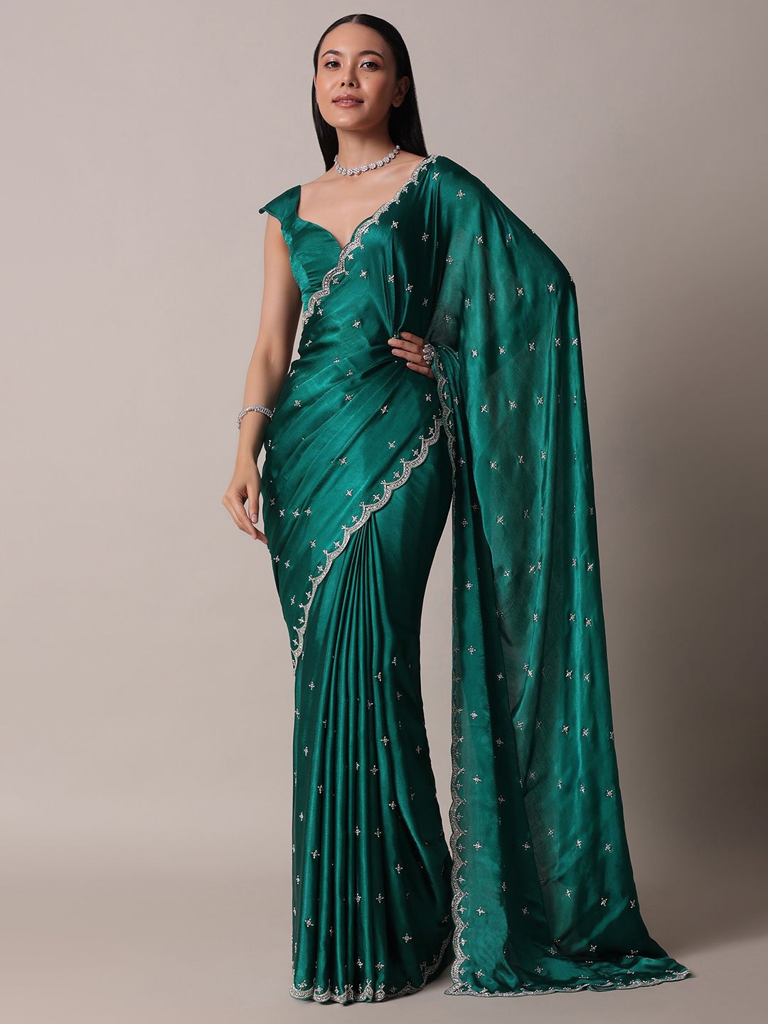 

KALKI Fashion Floral Sequinned Satin Ready To Wear Saree, Green