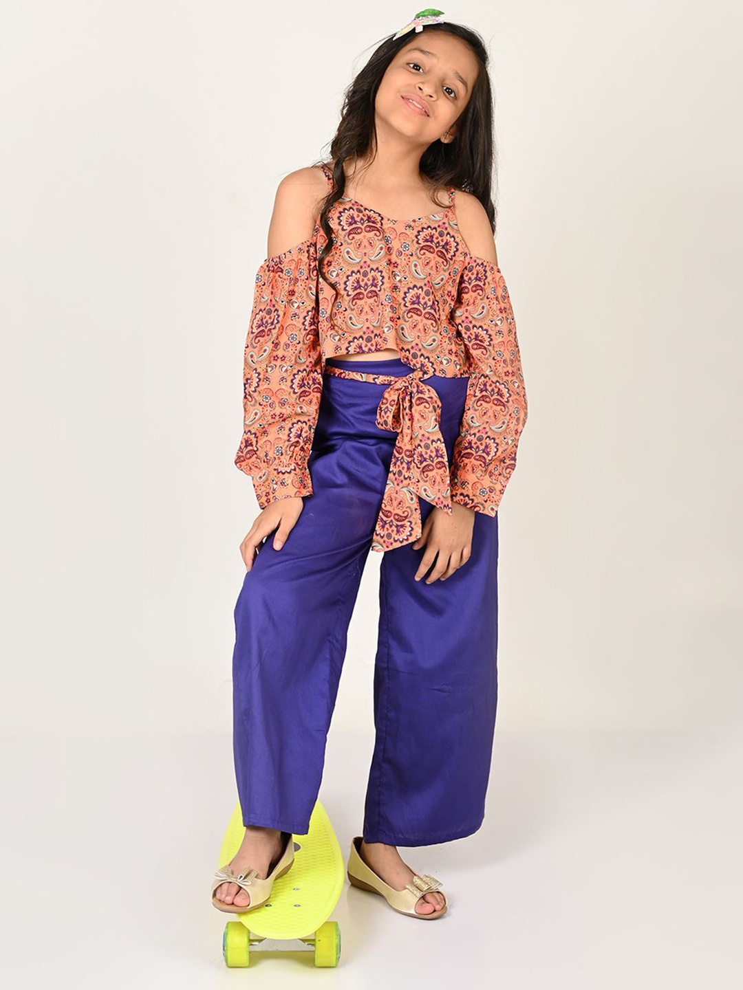 

LIL DRAMA Girls Printed Top with Palazzos, Blue
