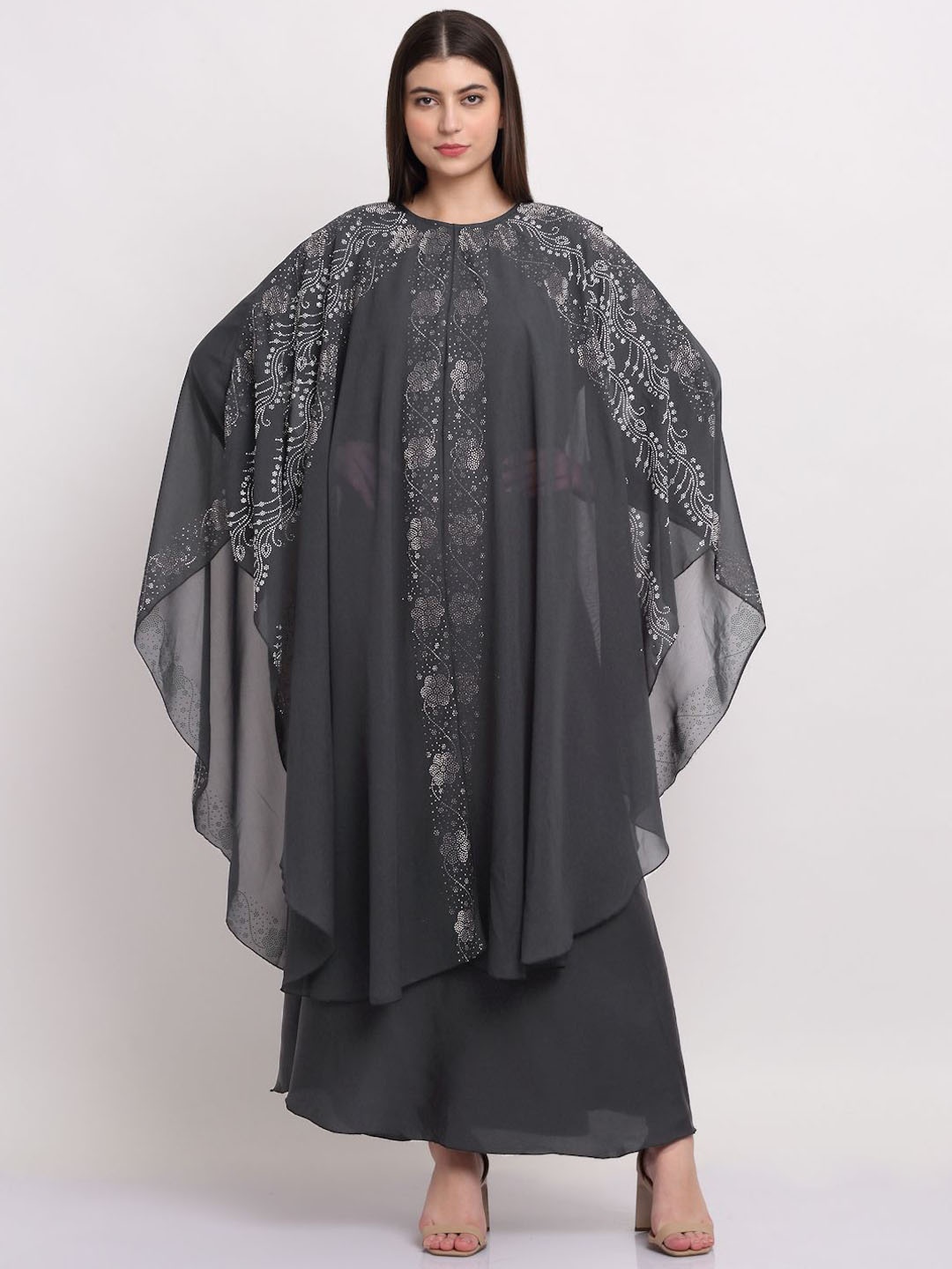 

Arrabi Embellished Detail Round Neck Indian Ethnic Burqa With Scarf, Grey