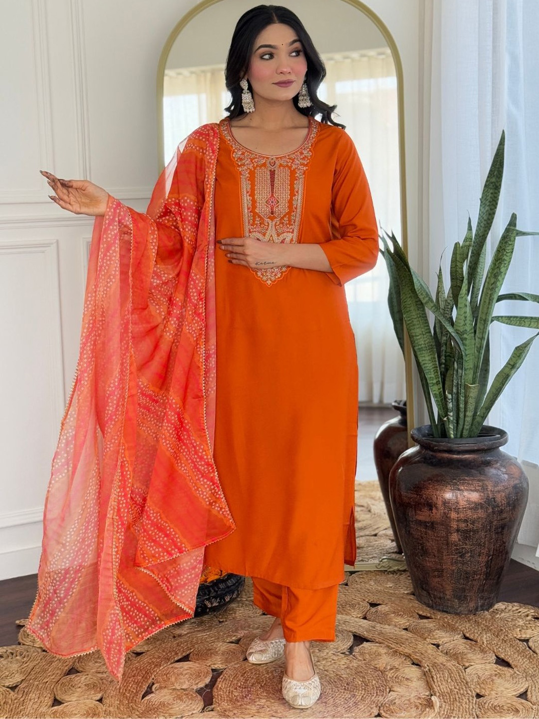

KALINI Women Ethnic Motifs Embroidered Regular Thread Work Kurta with Trousers & With Dupatta, Rust