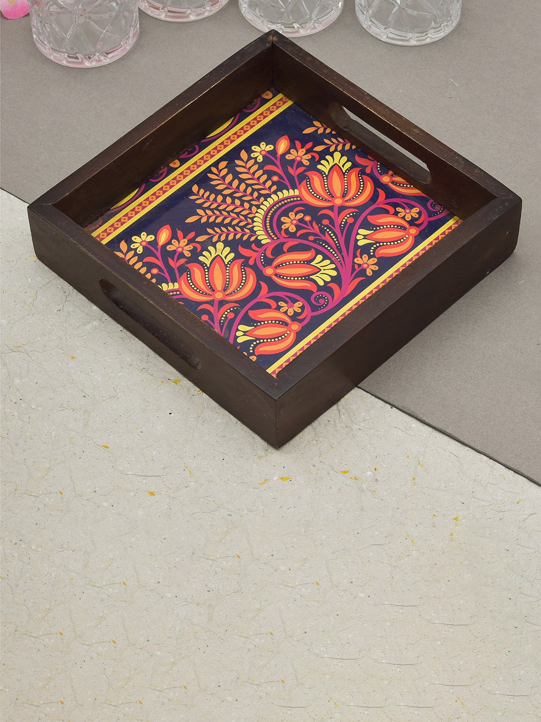 

oggn Yellow & Blue Printed Wood Square Serving Tray