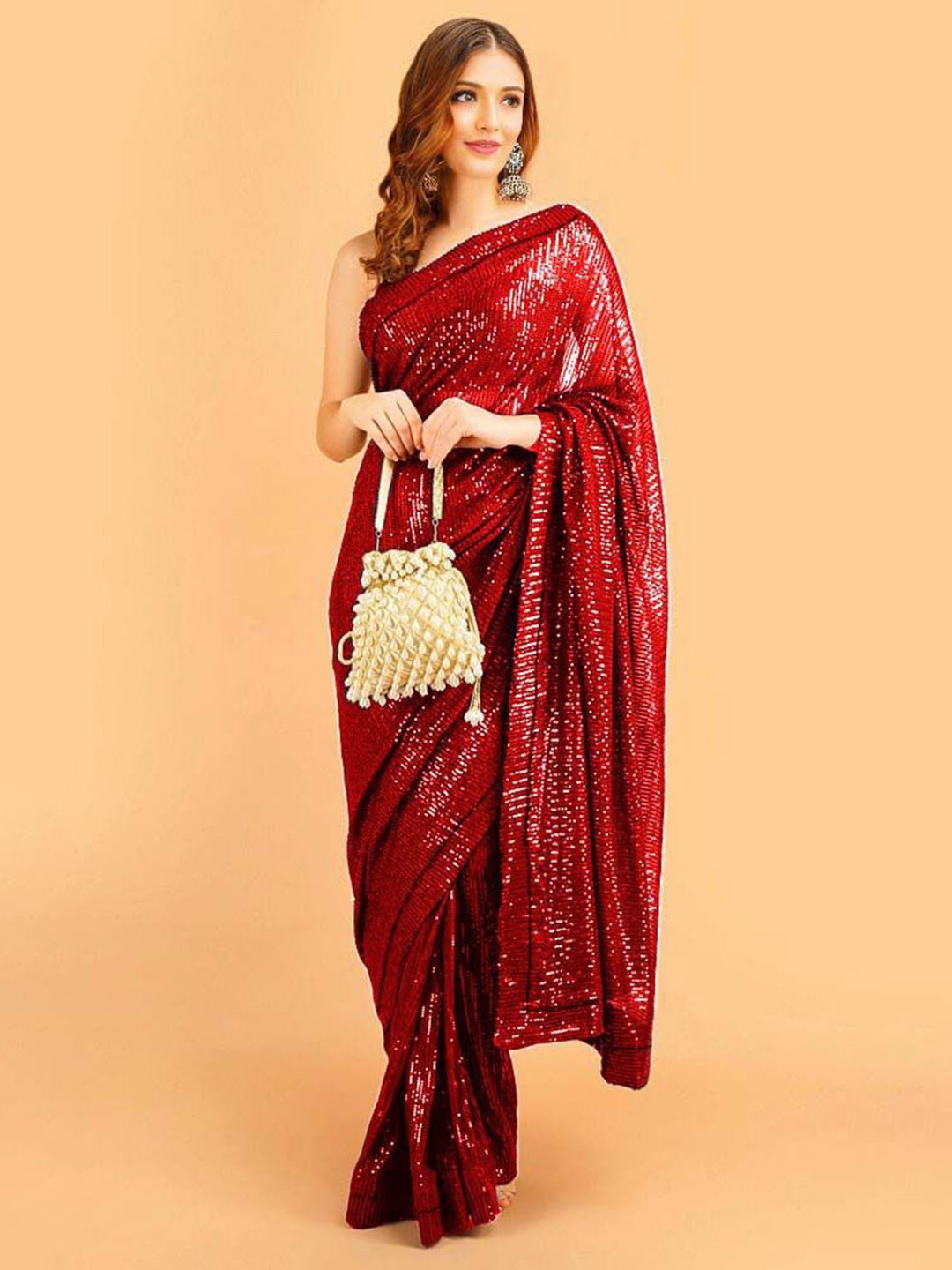 

ANJANI TEXTILE Embellished Sequinned Poly Georgette Heavy Work Saree, Red