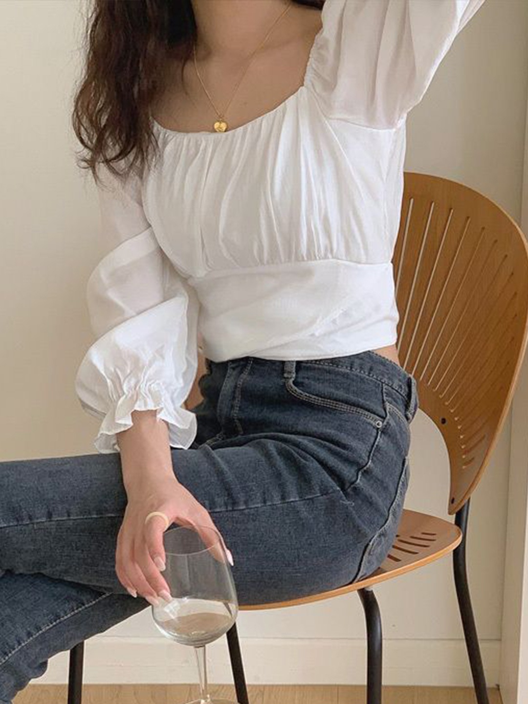 

NiloBerry Striped Off-Shoulder Extended Sleeves Crop Top, White