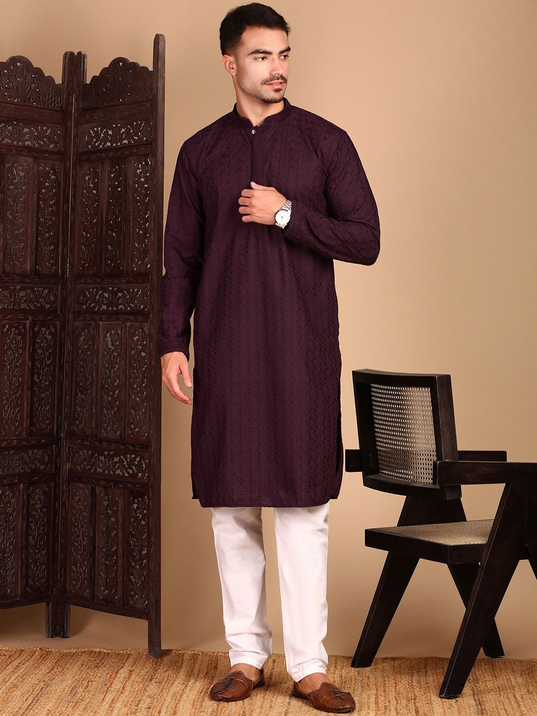 

House of Pataudi Unleash Your Style With Chikankari Straight Kurta, Red