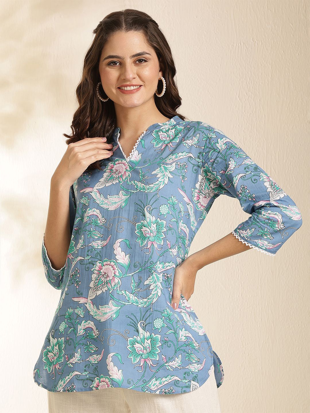 

NISHABD Floral Print Cotton Top, Blue